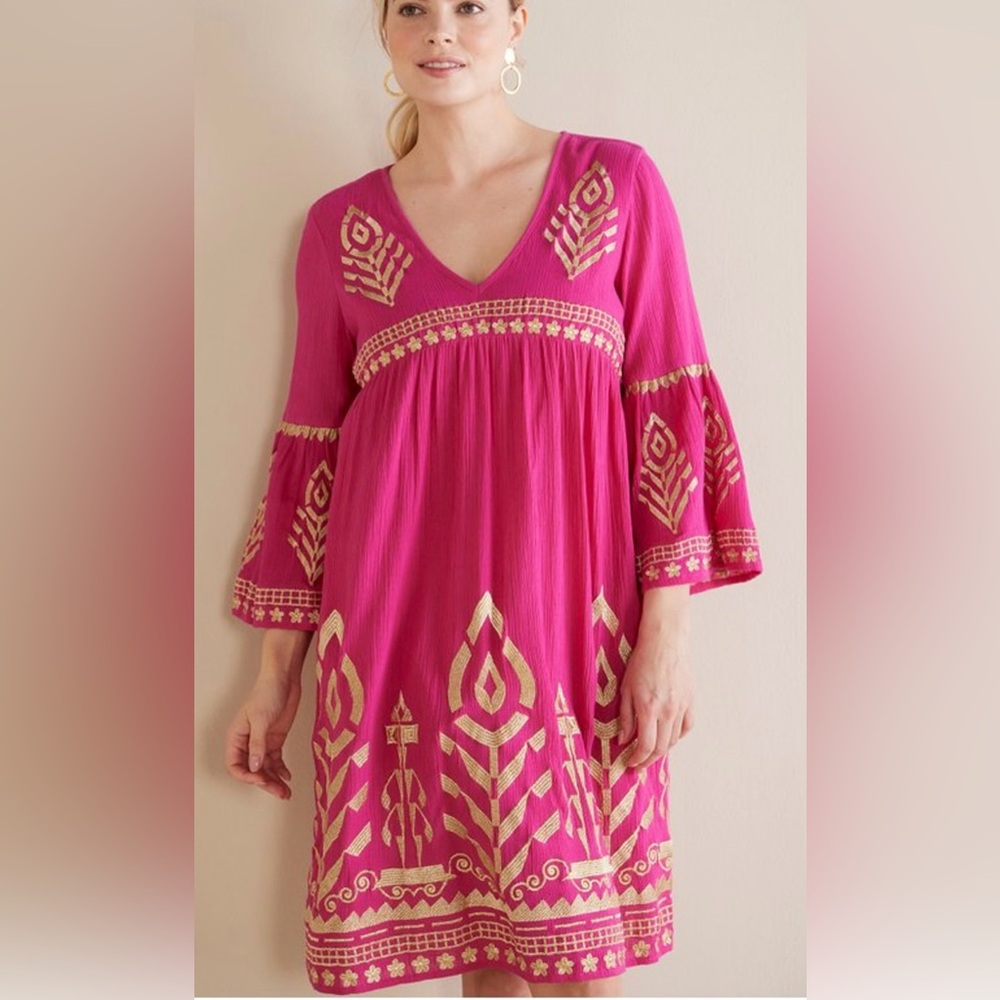 Soft Surroundings Embroidered Pink Boho Dress Women’s Size S Cotton India New